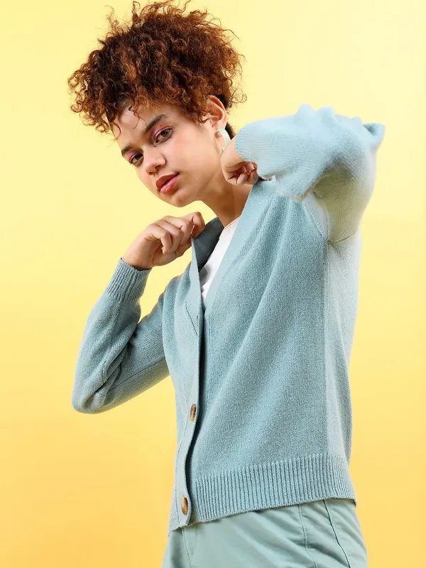 Tokyo Talkies Women Blue Lapel Collar Sweaters