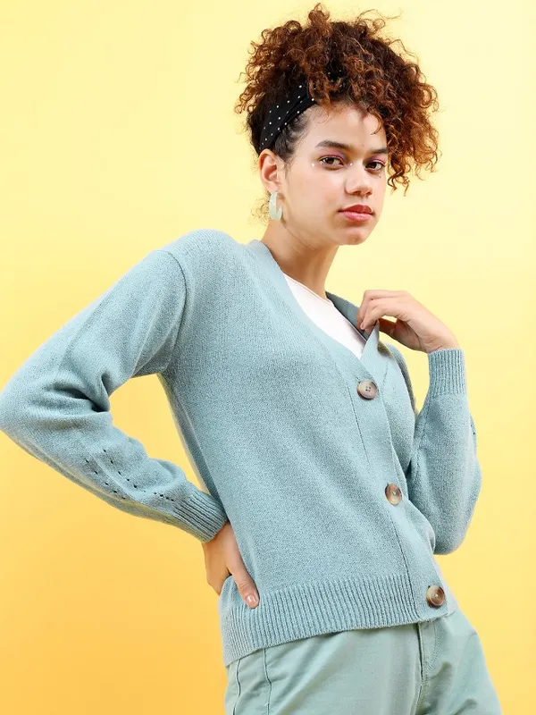Tokyo Talkies Women Blue Lapel Collar Sweaters