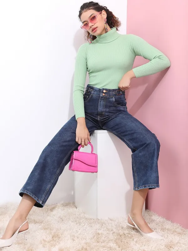 Tokyo Talkies Women Green Turtle Neck Sweater