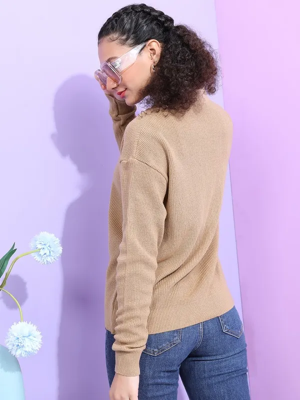 Tokyo Talkies Women Beige V-Neck Sweaters
