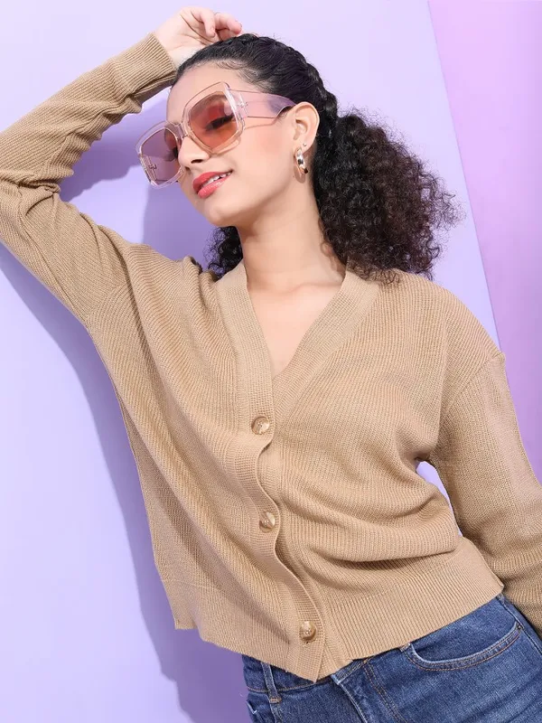 Tokyo Talkies Women Beige V-Neck Sweaters