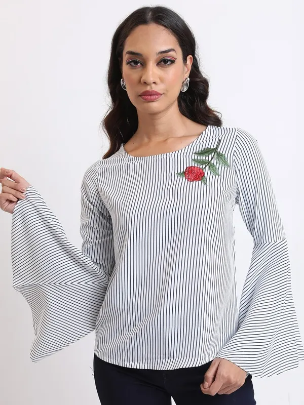 Tokyo Talkies Women Navy Blue Striped Regular Top