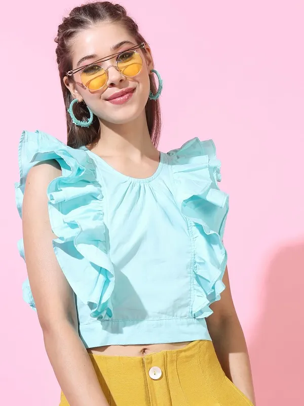 Tokyo Talkies Women Teal Solid Regular Top