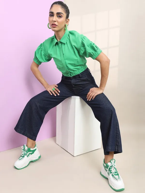 Tokyo Talkies Women Green Solid Regular Top