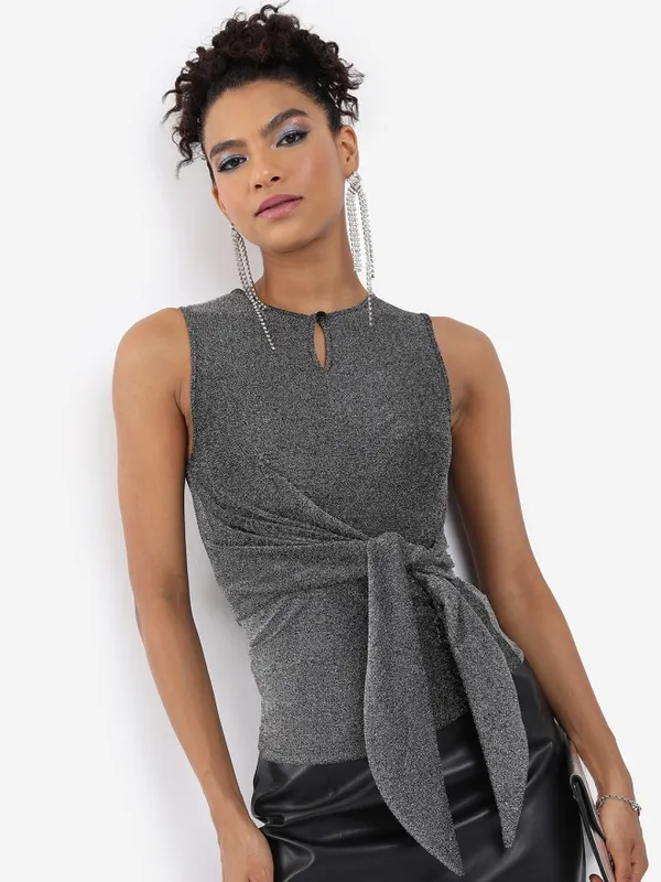 Tokyo Talkies Women Black Self Design Regular Top