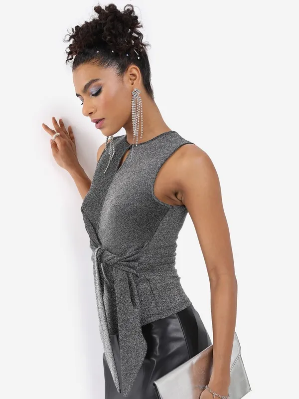 Tokyo Talkies Women Black Self Design Regular Top