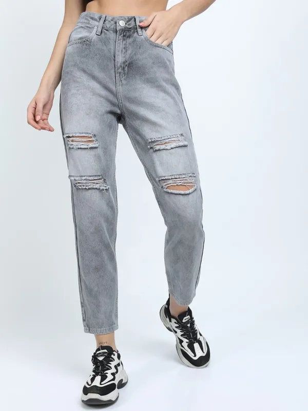 Tokyo Talkies Women Grey Mom Fit Highly Distressed Jeans