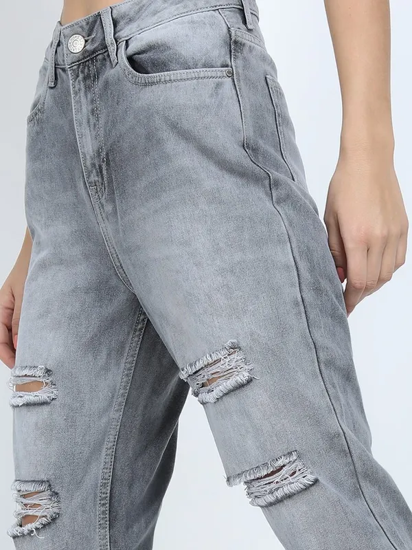 Tokyo Talkies Women Grey Mom Fit Highly Distressed Jeans