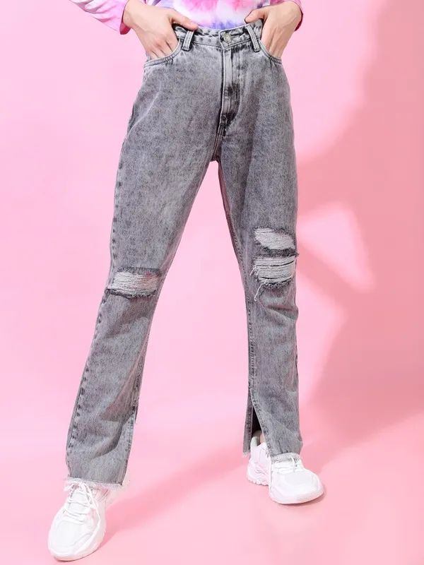 Tokyo Talkies Women Grey Straight Fit Highly Distressed Jeans