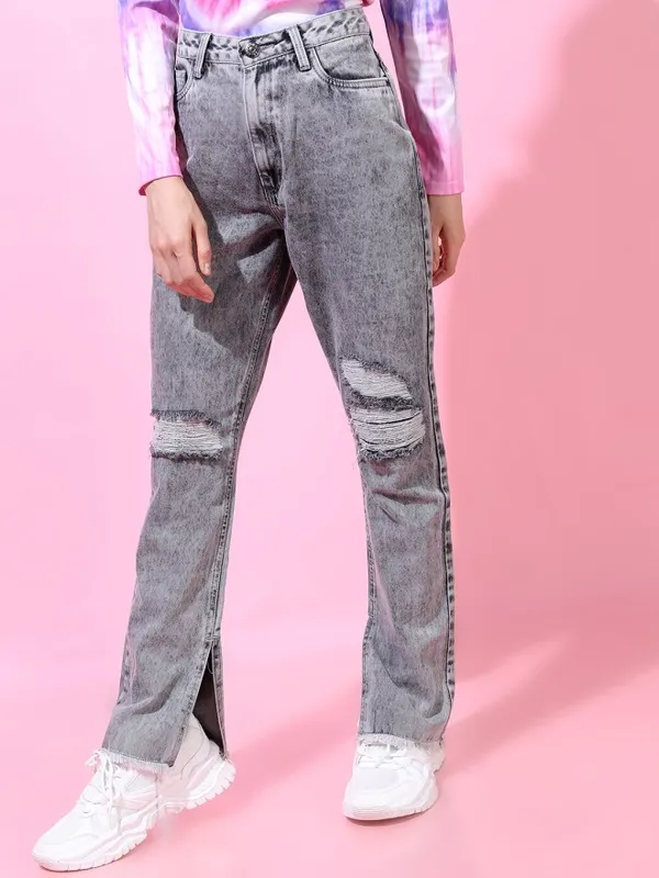 Tokyo Talkies Women Grey Straight Fit Highly Distressed Jeans