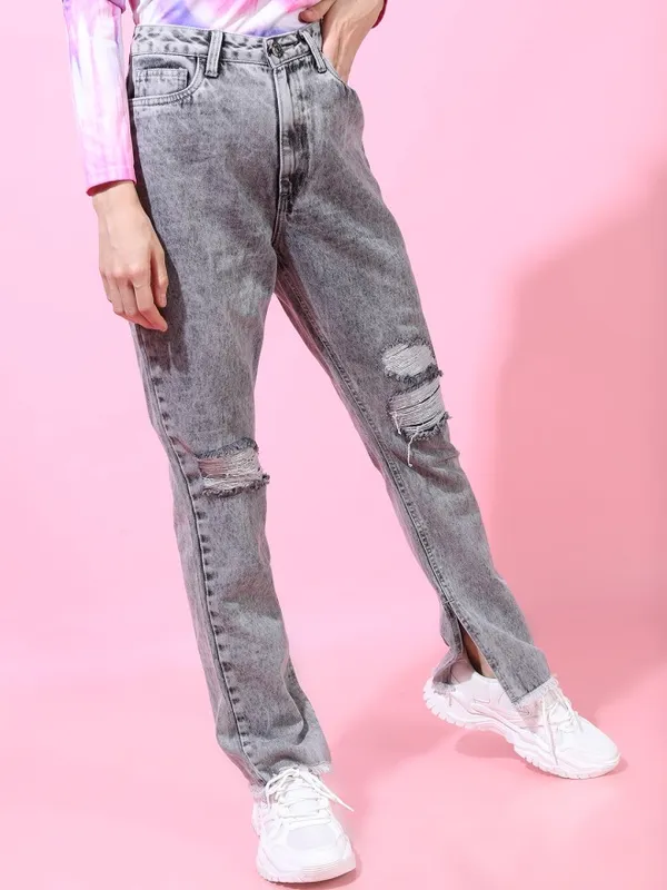 Tokyo Talkies Women Grey Straight Fit Highly Distressed Jeans