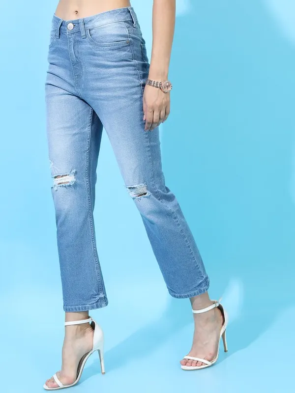 Tokyo Talkies Women Blue Flared Highly Distressed Jeans