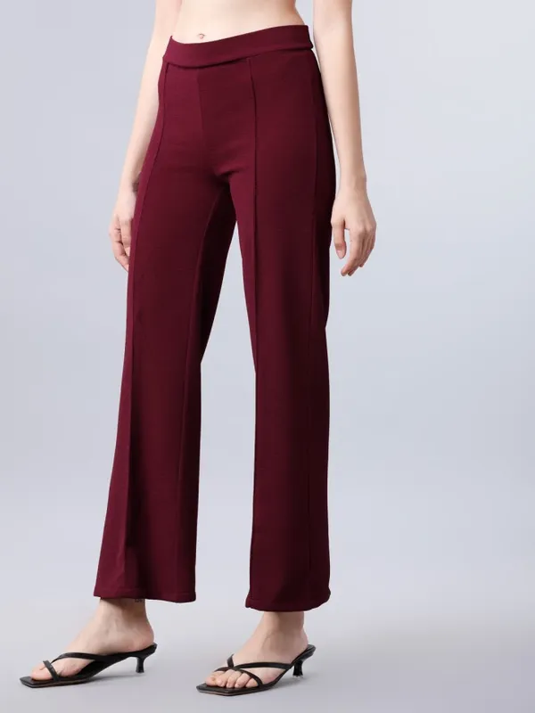 Tokyo Talkies Women Maroon Solid Regular Fit Casual Trouser