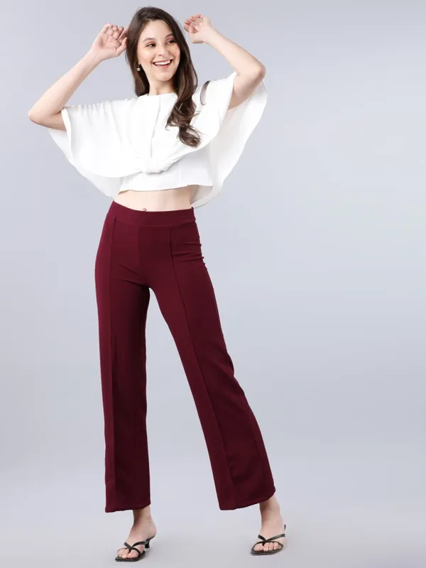 Tokyo Talkies Women Maroon Solid Regular Fit Casual Trouser