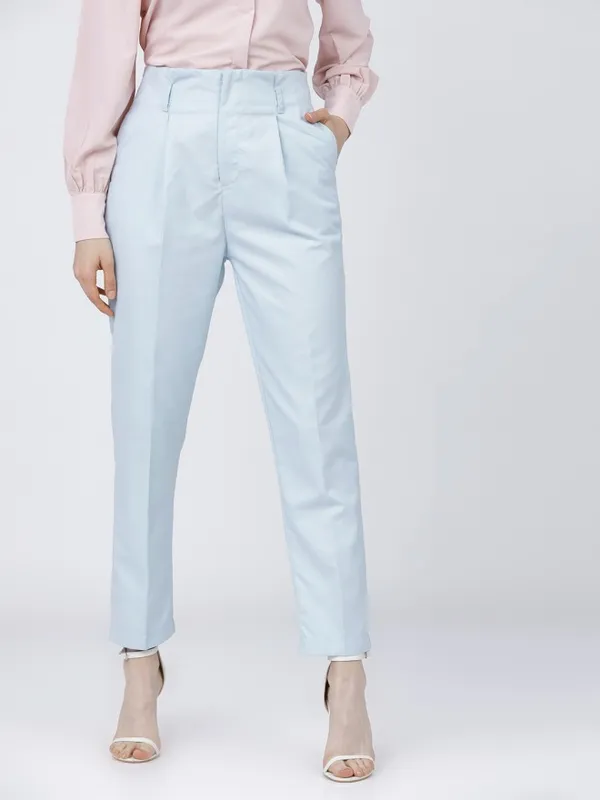 Tokyo Talkies Women Blue Solid Tapered Fit Formal Trousers