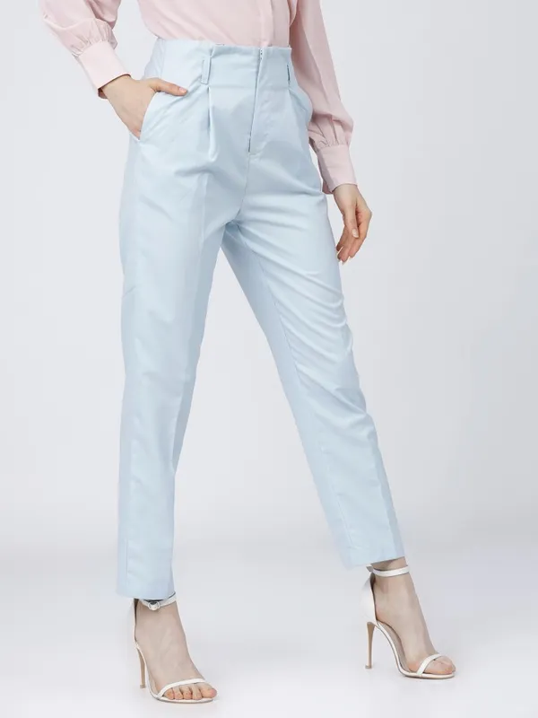 Tokyo Talkies Women Blue Solid Tapered Fit Formal Trousers