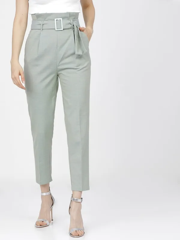 Tokyo Talkies Women Green Solid Tapered Fit Casual Trouser