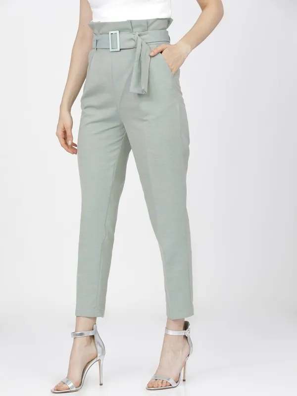 Tokyo Talkies Women Green Solid Tapered Fit Casual Trouser