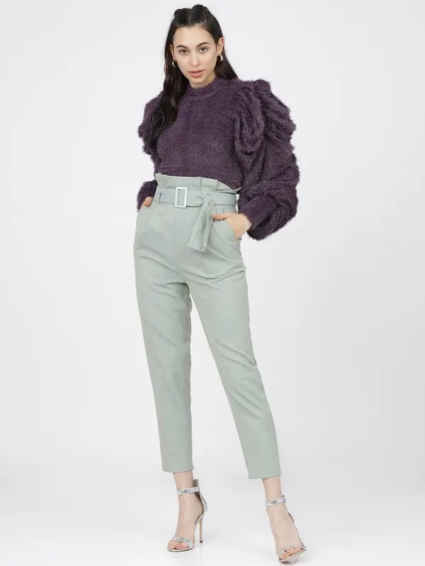 Tokyo Talkies Women Green Solid Tapered Fit Casual Trouser