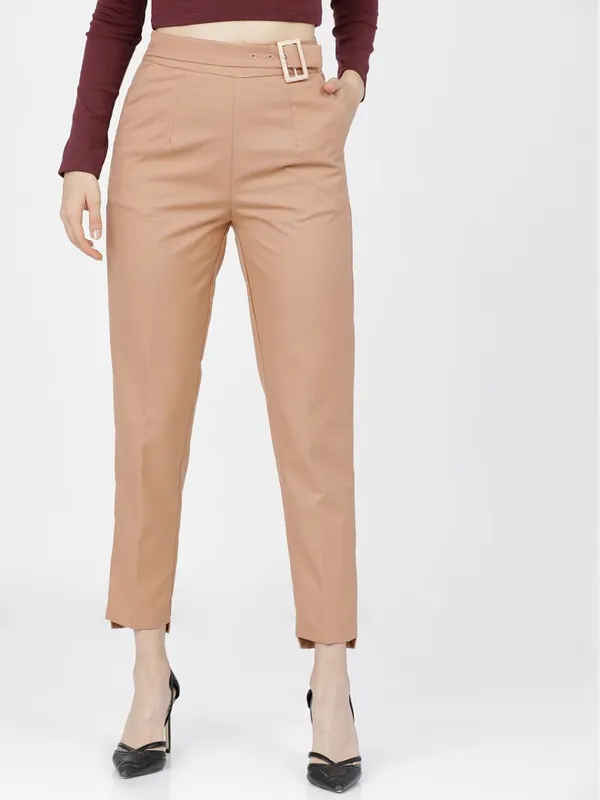 Tokyo Talkies Women Brown Solid Tapered Fit Casual Trouser