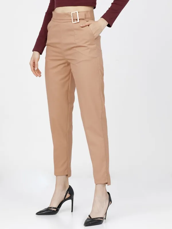 Tokyo Talkies Women Brown Solid Tapered Fit Casual Trouser