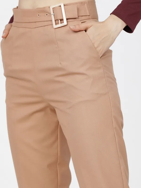 Tokyo Talkies Women Brown Solid Tapered Fit Casual Trouser