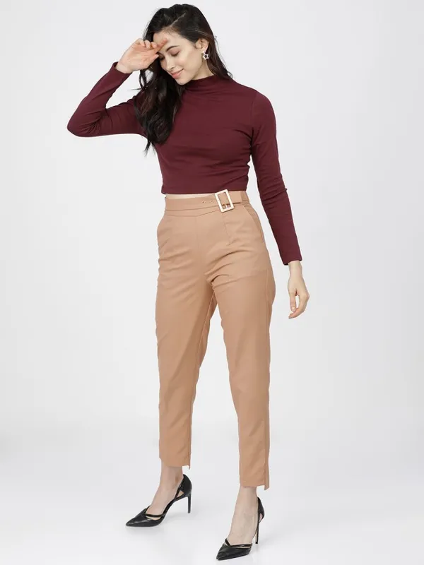 Tokyo Talkies Women Brown Solid Tapered Fit Casual Trouser
