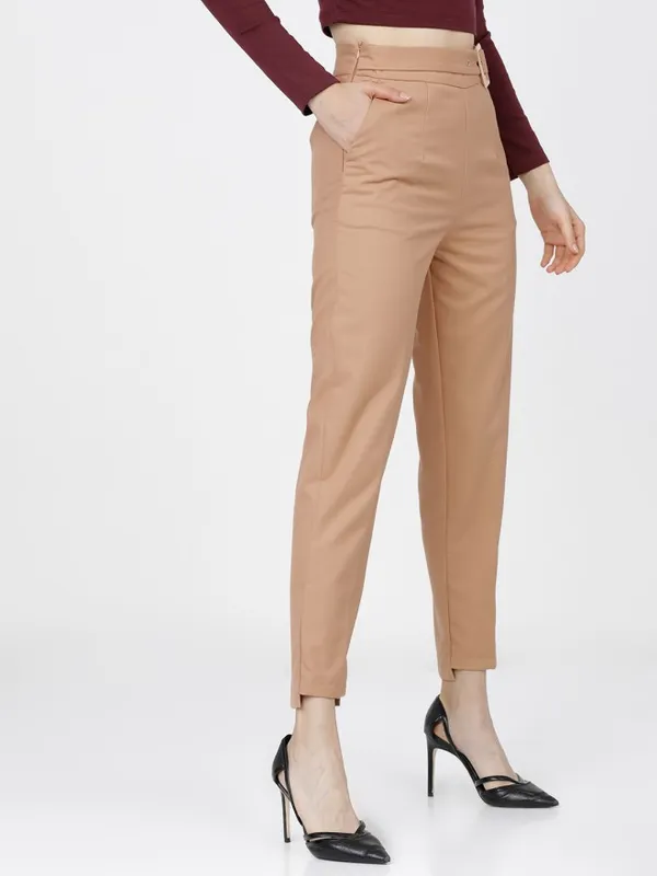 Tokyo Talkies Women Brown Solid Tapered Fit Casual Trouser