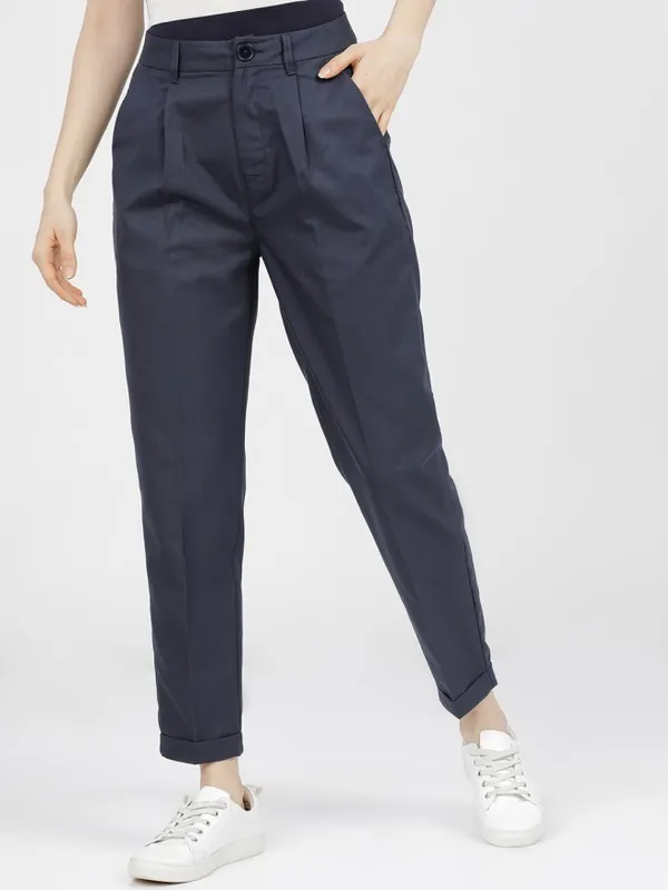 Tokyo Talkies Women Navy Blue Solid Regular Fit Casual Trouser
