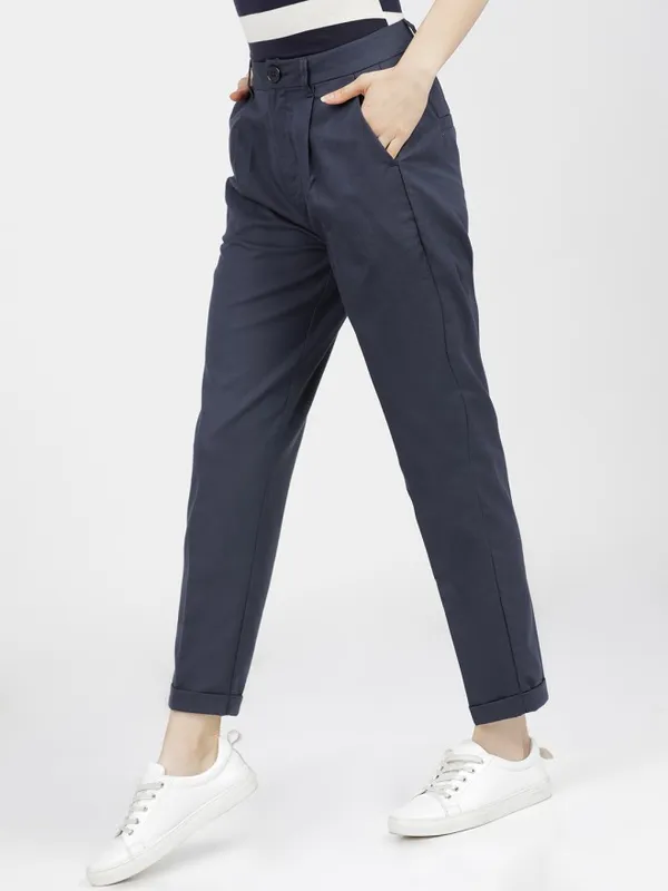 Tokyo Talkies Women Navy Blue Solid Regular Fit Casual Trouser