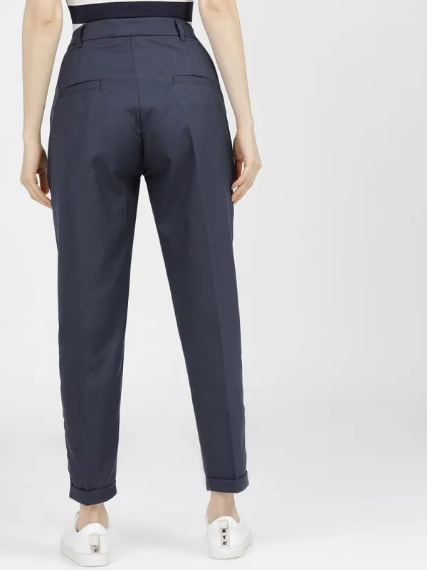 Tokyo Talkies Women Navy Blue Solid Regular Fit Casual Trouser