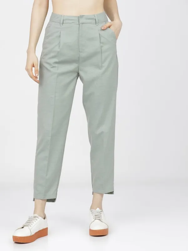 Tokyo Talkies Women Green Solid Tapered Fit Formal Trousers