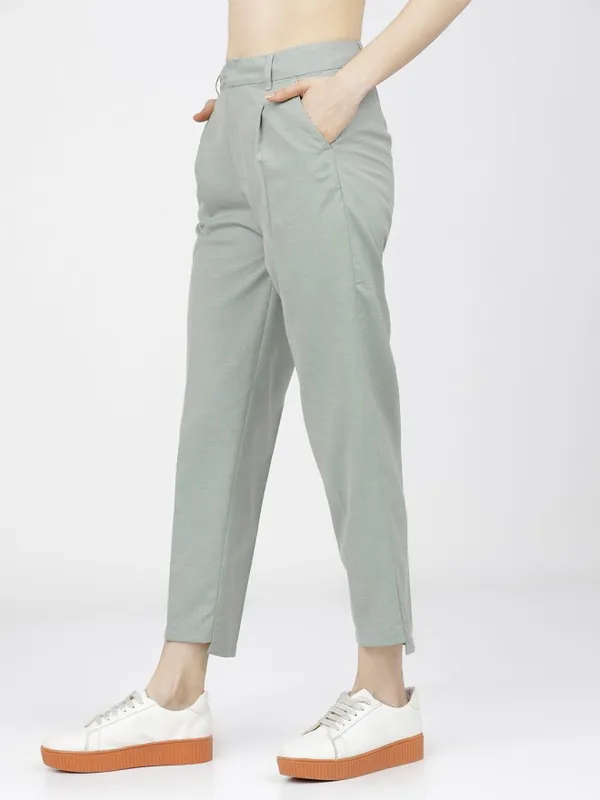 Tokyo Talkies Women Green Solid Tapered Fit Formal Trousers