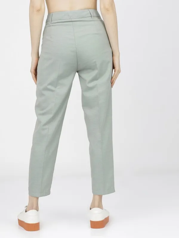 Tokyo Talkies Women Green Solid Tapered Fit Formal Trousers
