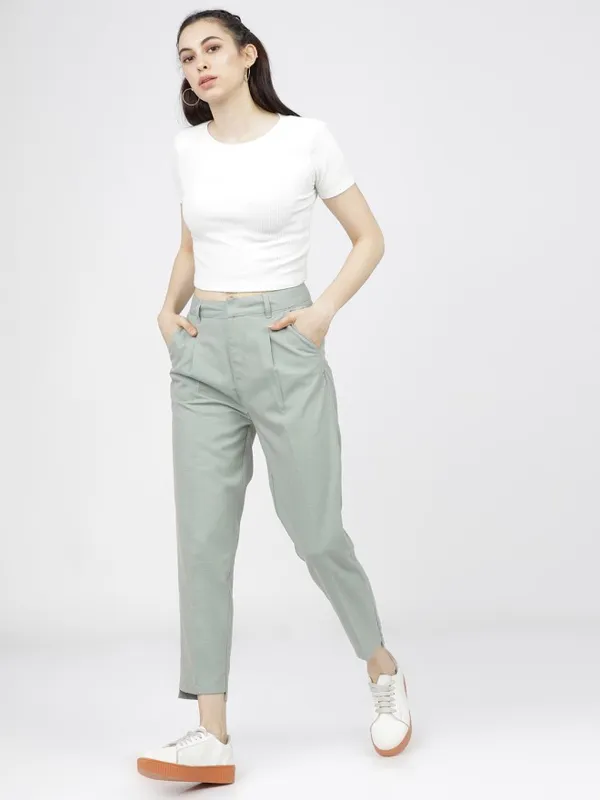 Tokyo Talkies Women Green Solid Tapered Fit Formal Trousers