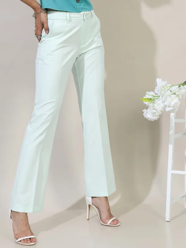 Tokyo Talkies Women Green Solid Straight Fit Casual Trouser
