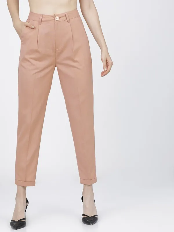 Tokyo Talkies Women Beige Solid Tapered Fit Casual Trouser