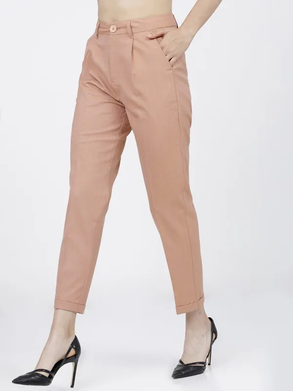 Tokyo Talkies Women Beige Solid Tapered Fit Casual Trouser
