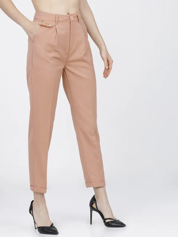 Tokyo Talkies Women Beige Solid Tapered Fit Casual Trouser