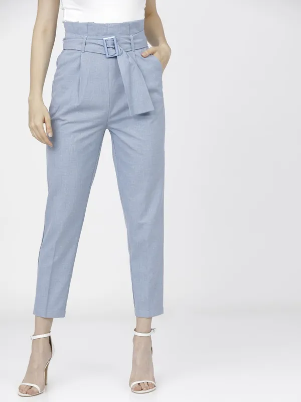 Tokyo Talkies Women Blue Solid Tapered Fit Casual Trouser