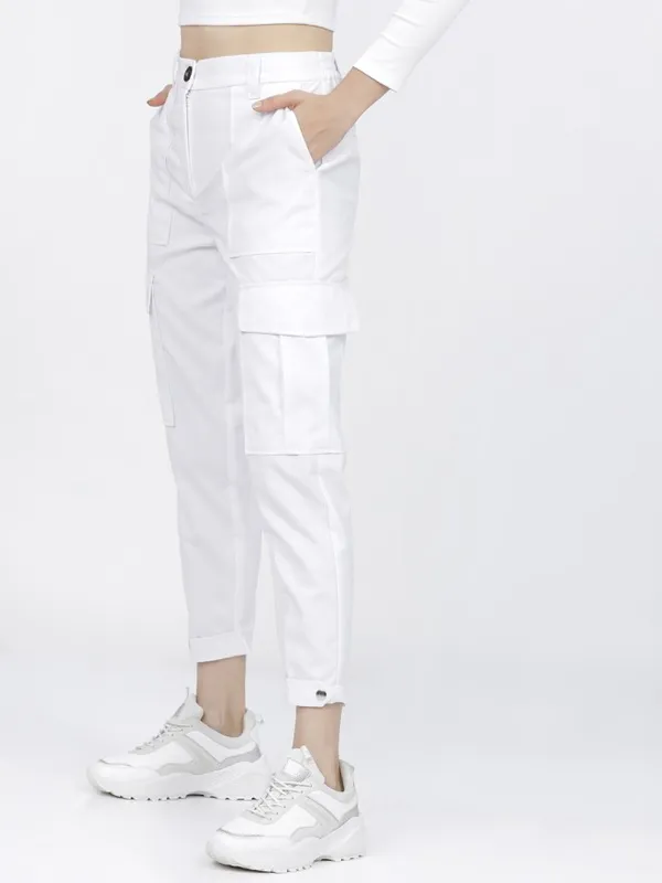 Tokyo Talkies Women White Solid Tapered Fit Cargos