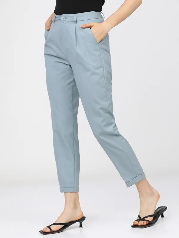 Tokyo Talkies Women Blue Solid Regular Fit Casual Trouser