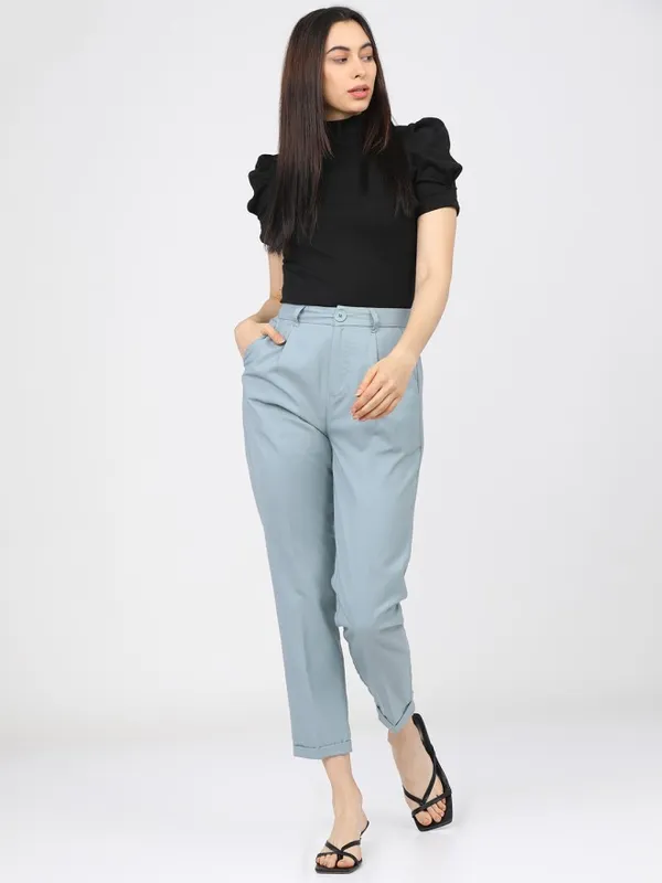 Tokyo Talkies Women Blue Solid Regular Fit Casual Trouser