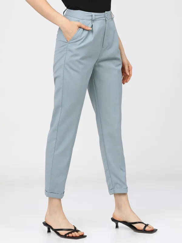 Tokyo Talkies Women Blue Solid Regular Fit Casual Trouser