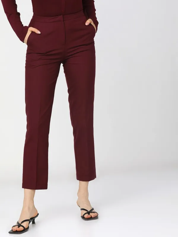 Tokyo Talkies Women Maroon Solid Regular Fit Formal Trousers