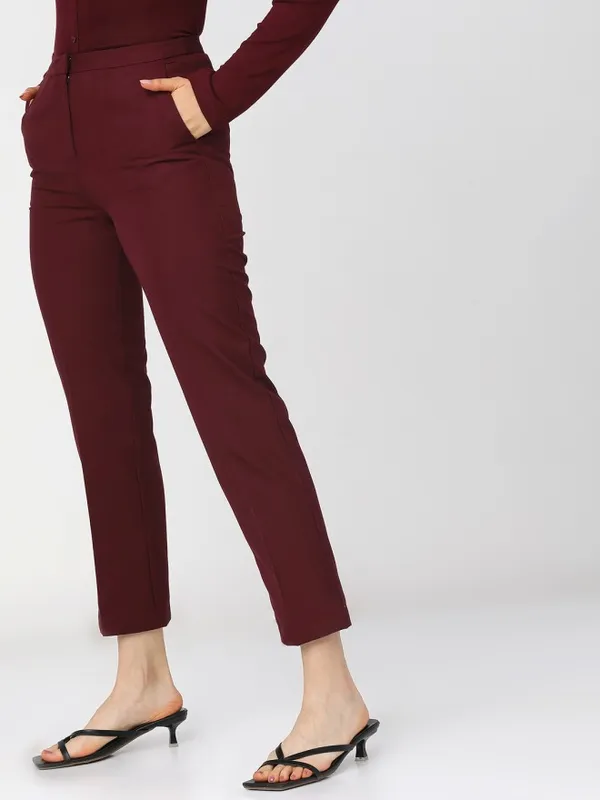 Tokyo Talkies Women Maroon Solid Regular Fit Formal Trousers