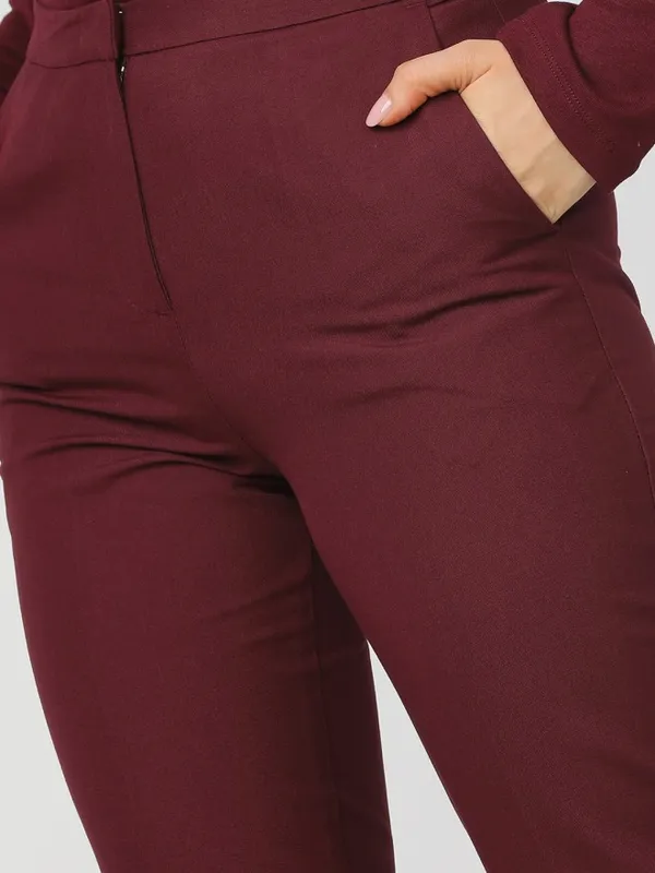 Tokyo Talkies Women Maroon Solid Regular Fit Formal Trousers