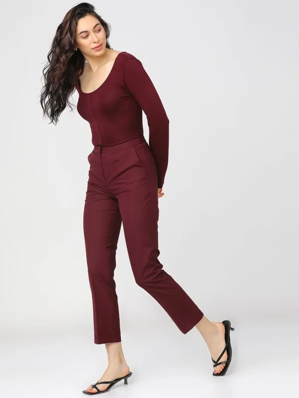 Tokyo Talkies Women Maroon Solid Regular Fit Formal Trousers