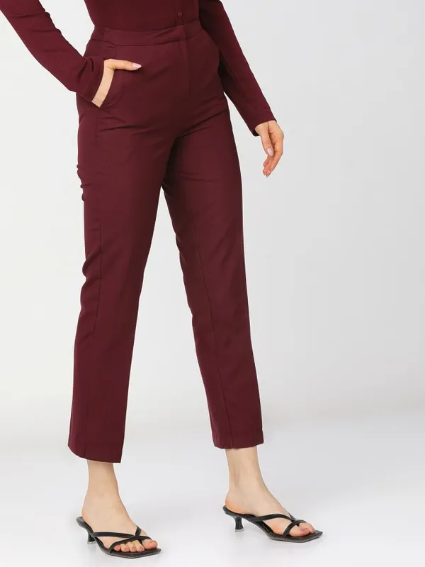 Tokyo Talkies Women Maroon Solid Regular Fit Formal Trousers