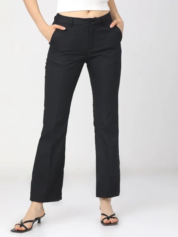 Tokyo Talkies Women Black Solid Straight Fit Casual Trouser